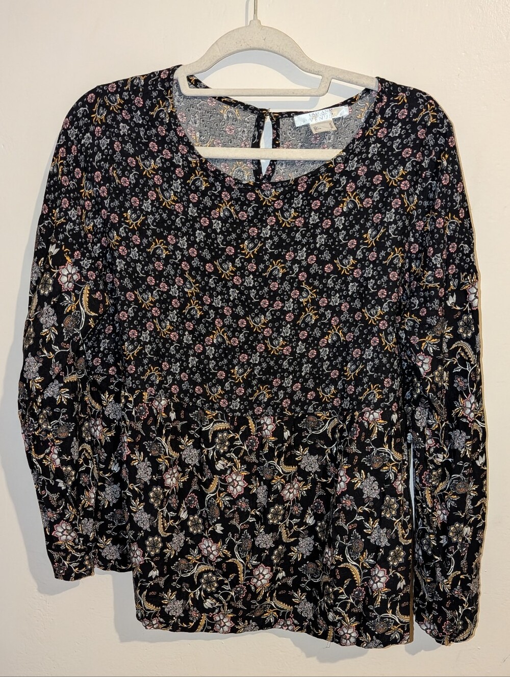 Black Floral Long-Sleeve Peasant Blouse with Pink & Cream Accents Size M